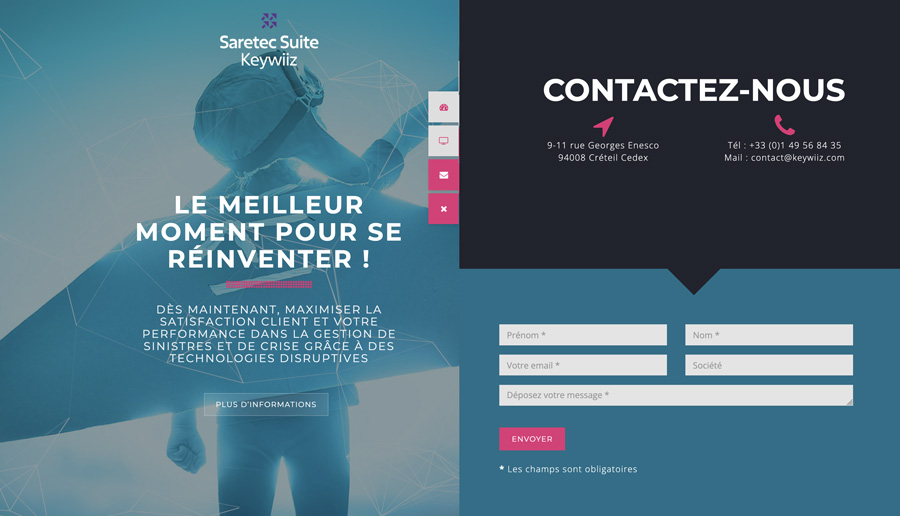 Interface UX avec menu latéral tiroir pour site de conseil en assurance. Optimisation de formulaire de contact pour landing page assurance