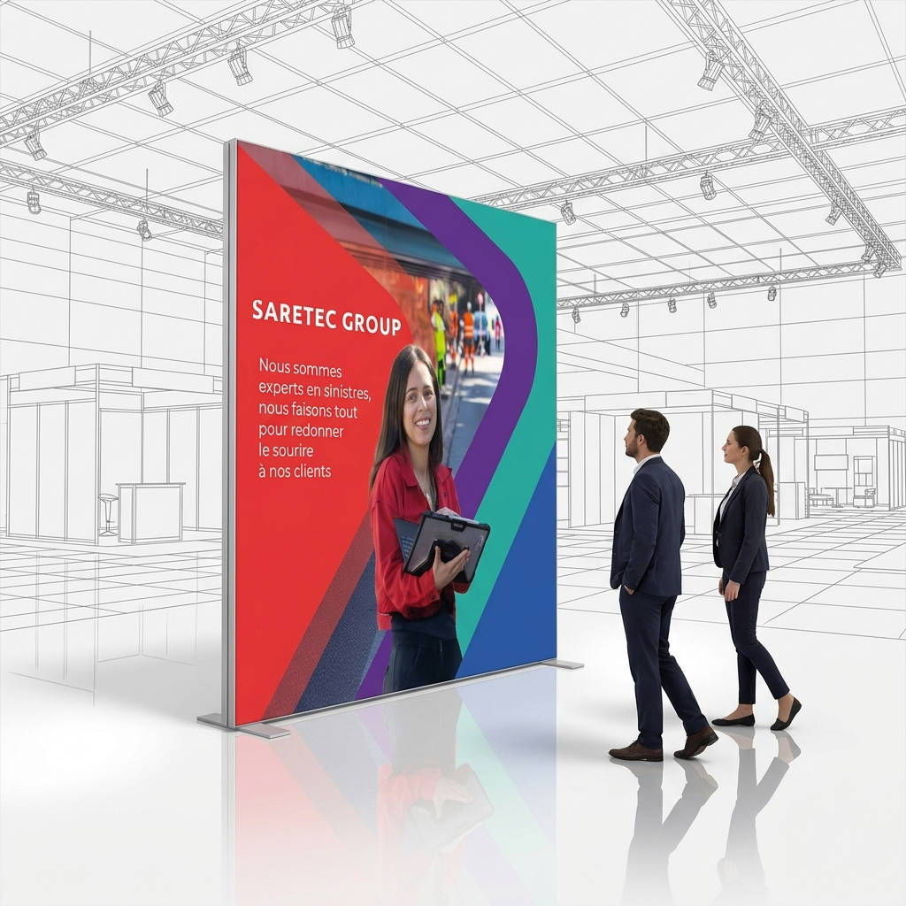 Exhibition booth with a colorful panel reading SARETEC GROUP; a woman in red holds a clipboard while two suited visitors look on.