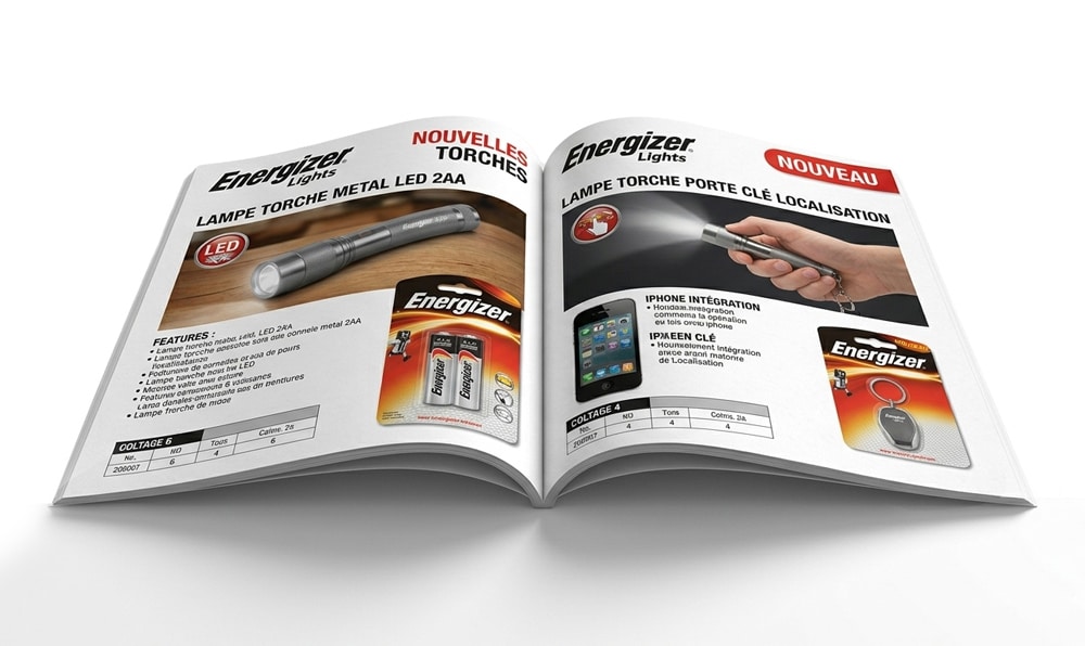 Open magazine spread advertising Energizer flashlights and batteries, shows product images and French text panels.
