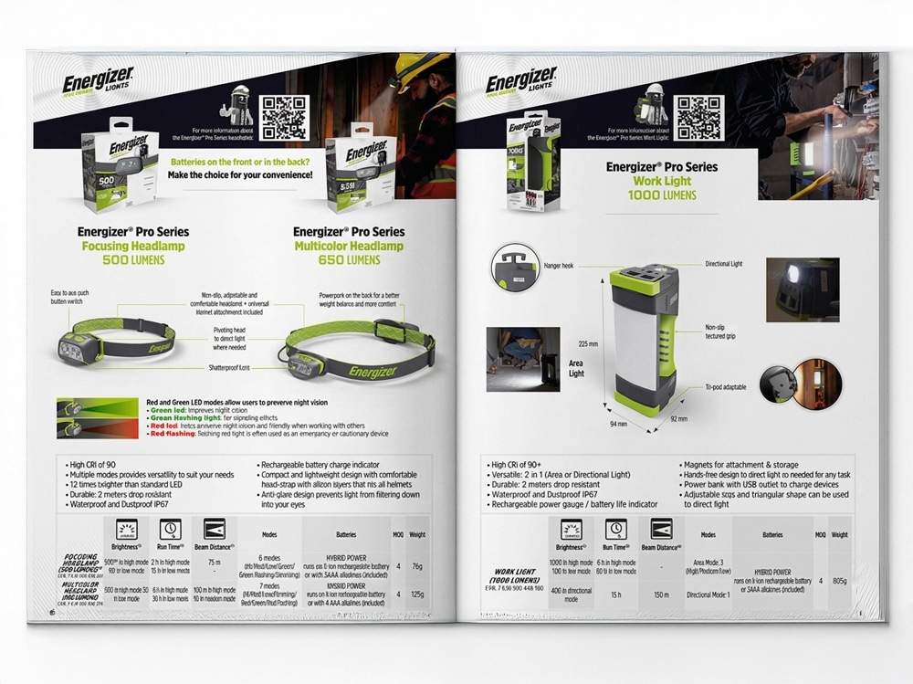 Rendu d'une double page d'une plaquette commerciale et aide à la vente présentant les innovations Energizer, notamment la lampe torche métal et la lampe porte-clé avec localisation.